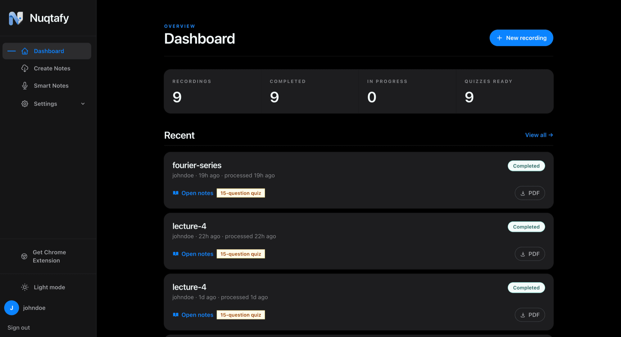 Nuqtafy dashboard showing recordings, completed notes, and ready quizzes