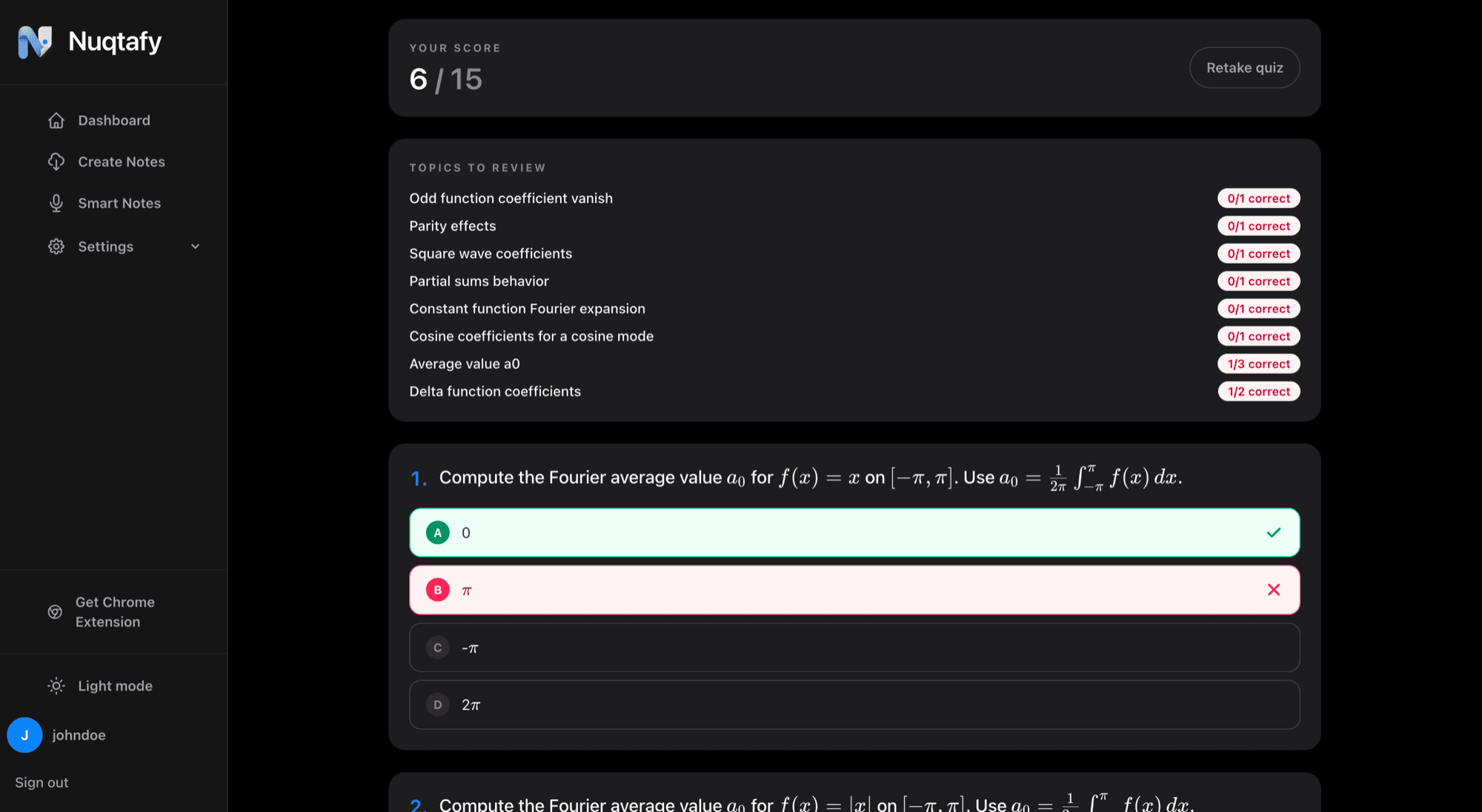 Quiz results in Nuqtafy showing a score of 6 out of 15 and a list of topics to review