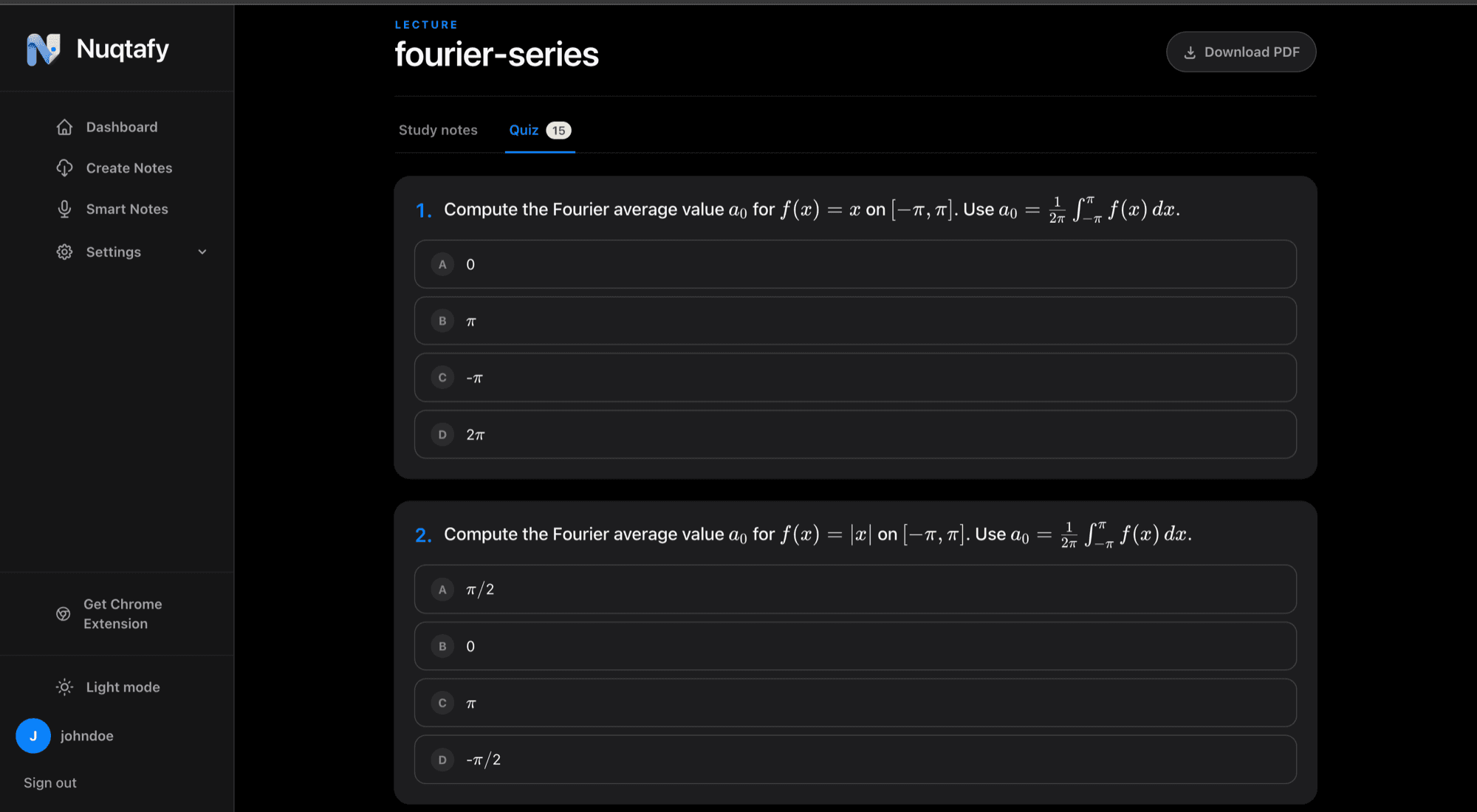 Auto-generated multiple-choice quiz with mathematical notation in Nuqtafy