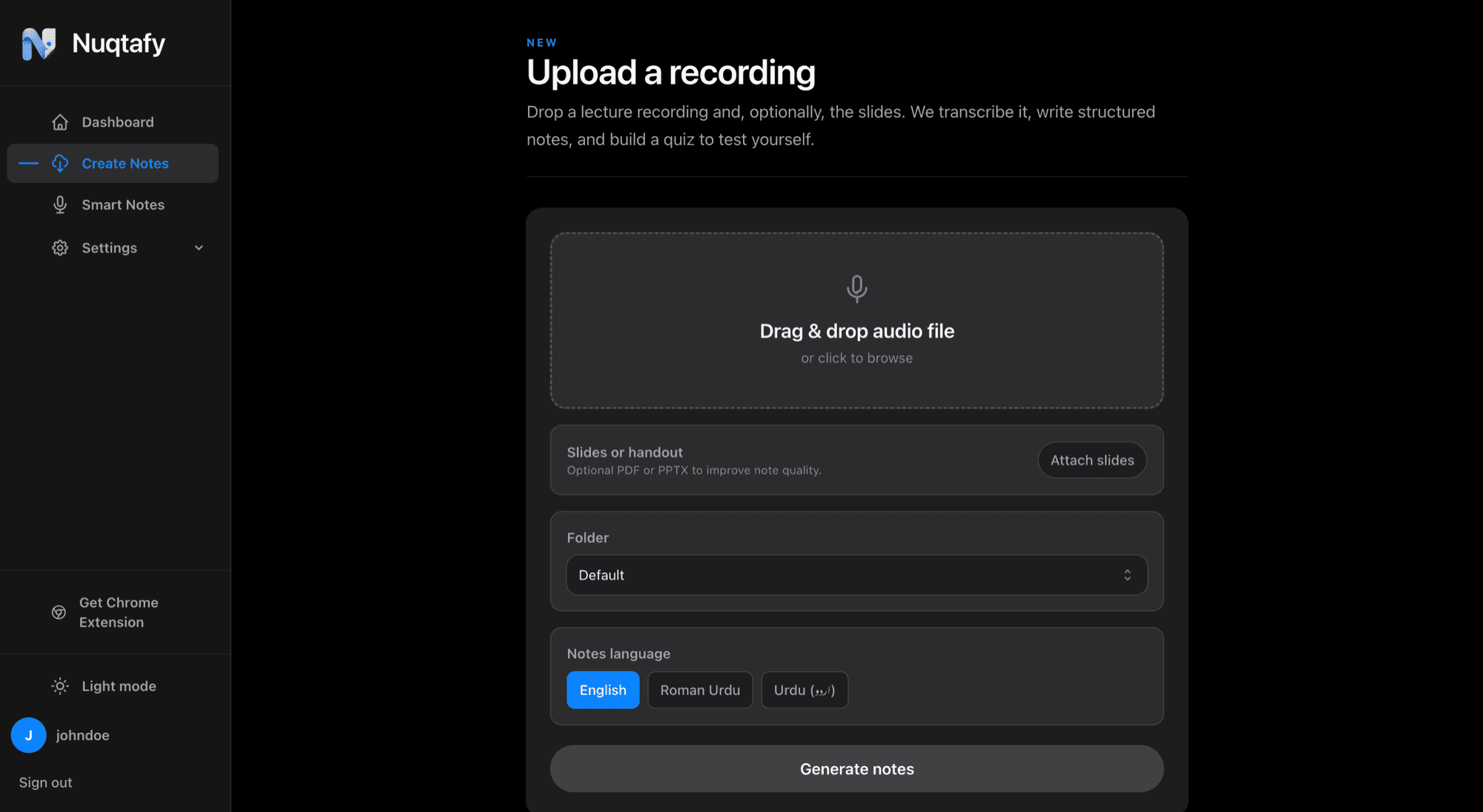 Nuqtafy upload page with drag-and-drop, slide attachment, and language selection for English, Roman Urdu, and Urdu